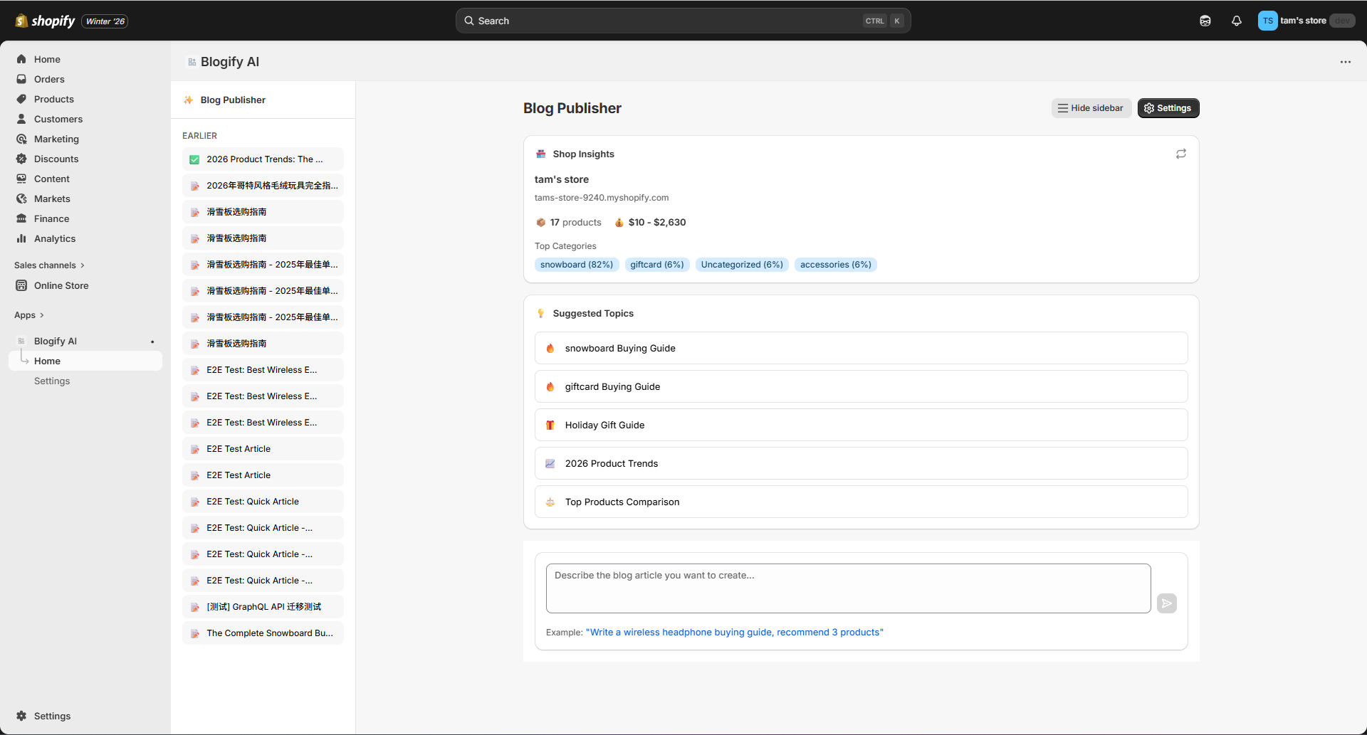 Blogify AI - Shop Insights & Suggested Topics