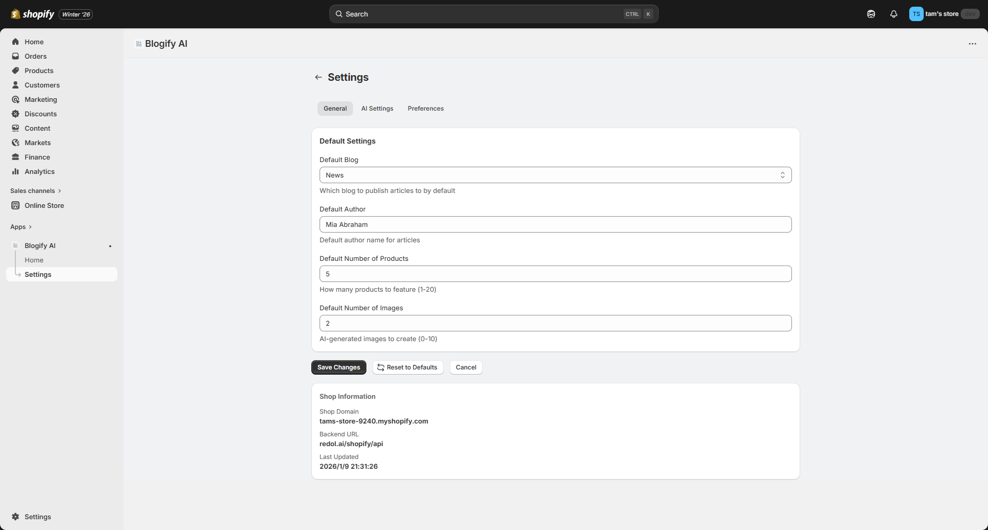 General settings - default blog author products images