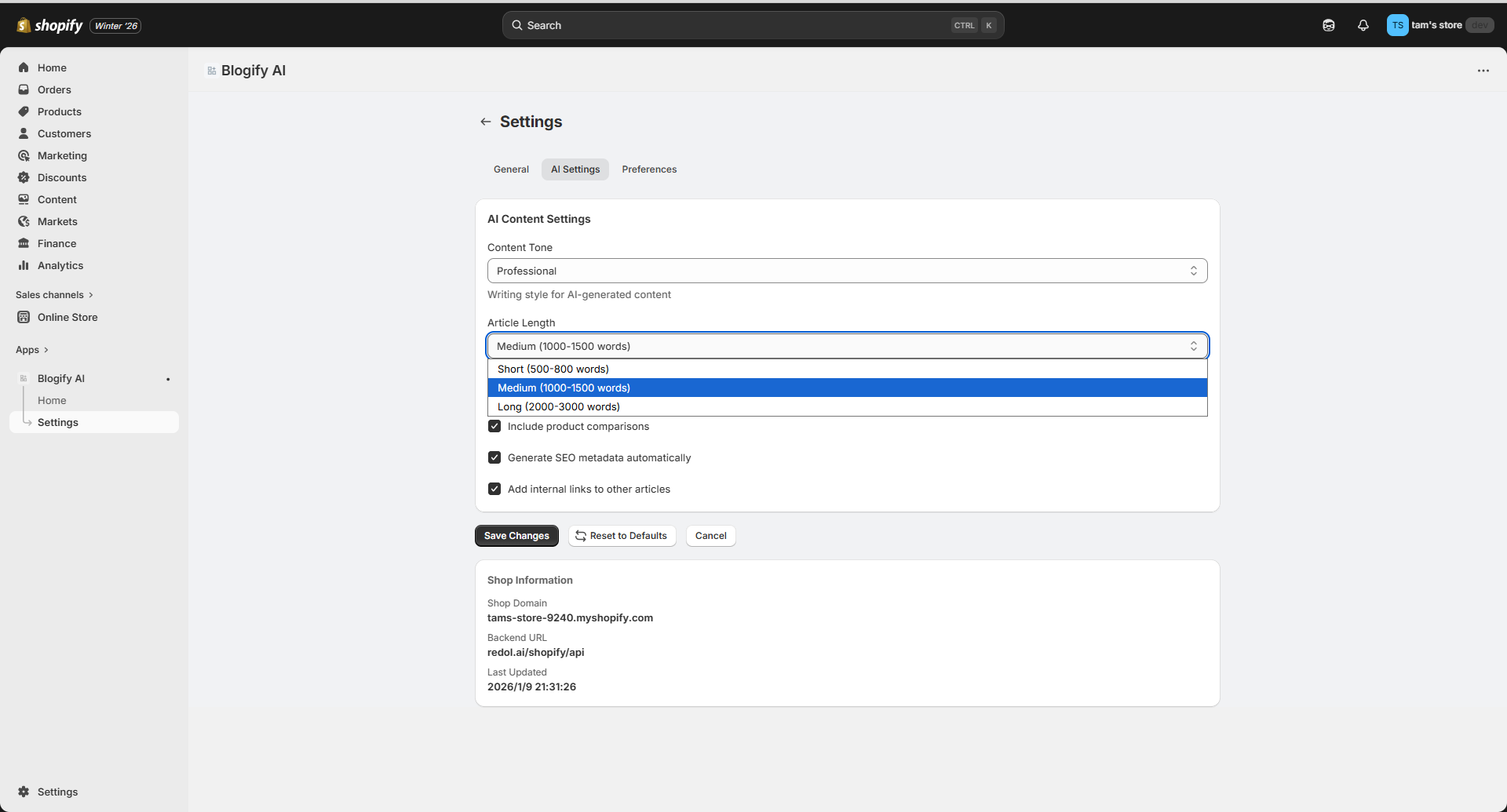 AI settings - tone length and toggles
