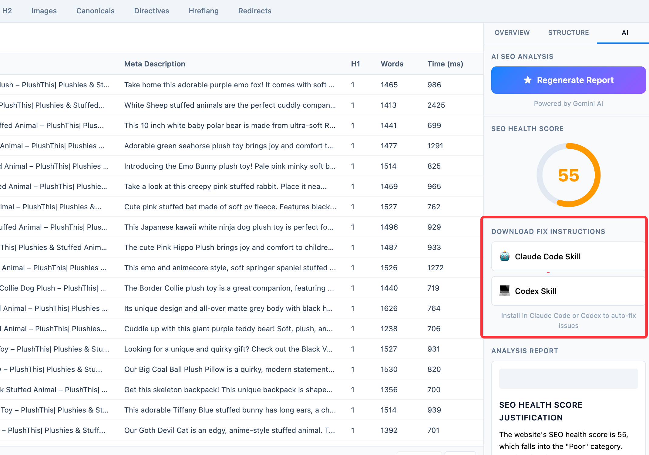 Site Audit screenshot with Skill download options (Claude Code Skill, Codex Skill)